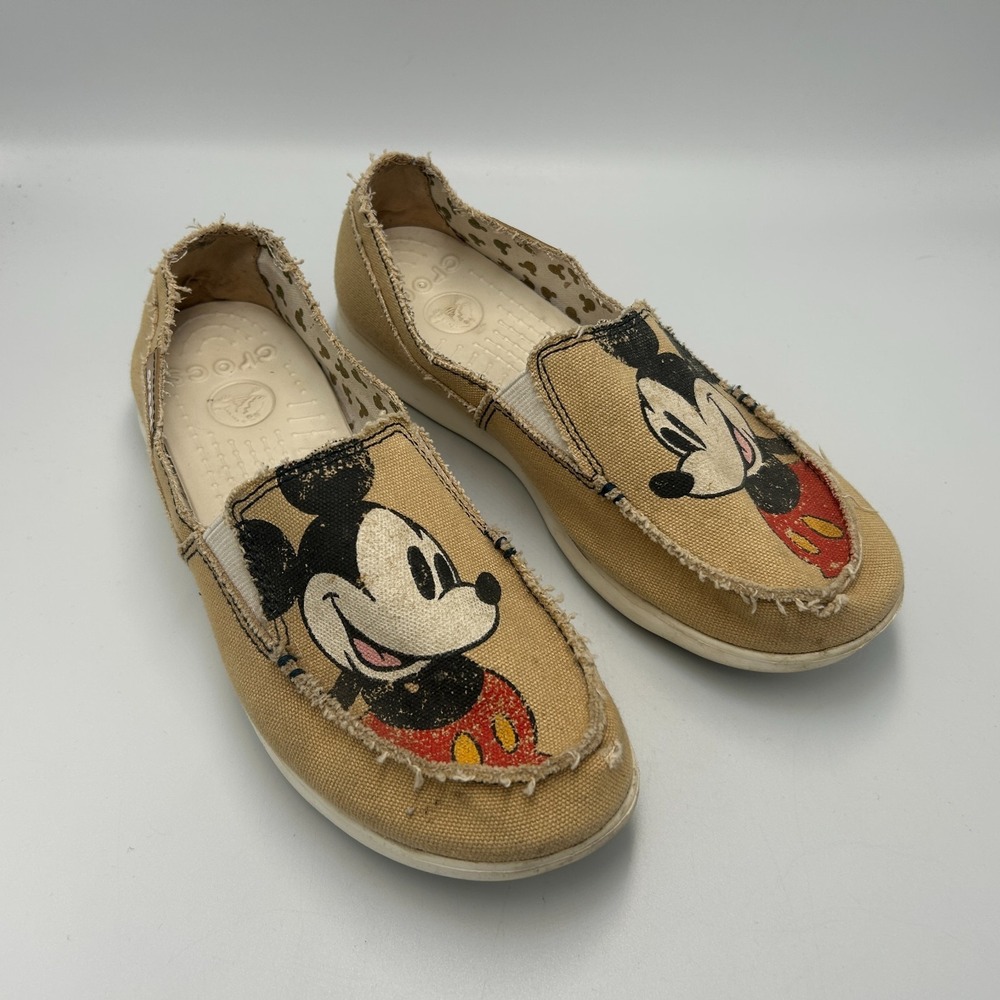Crocs Disney Mickey Mouse Canvas Loafers Womens 9 Colab Parks Shoes Tan Slip on